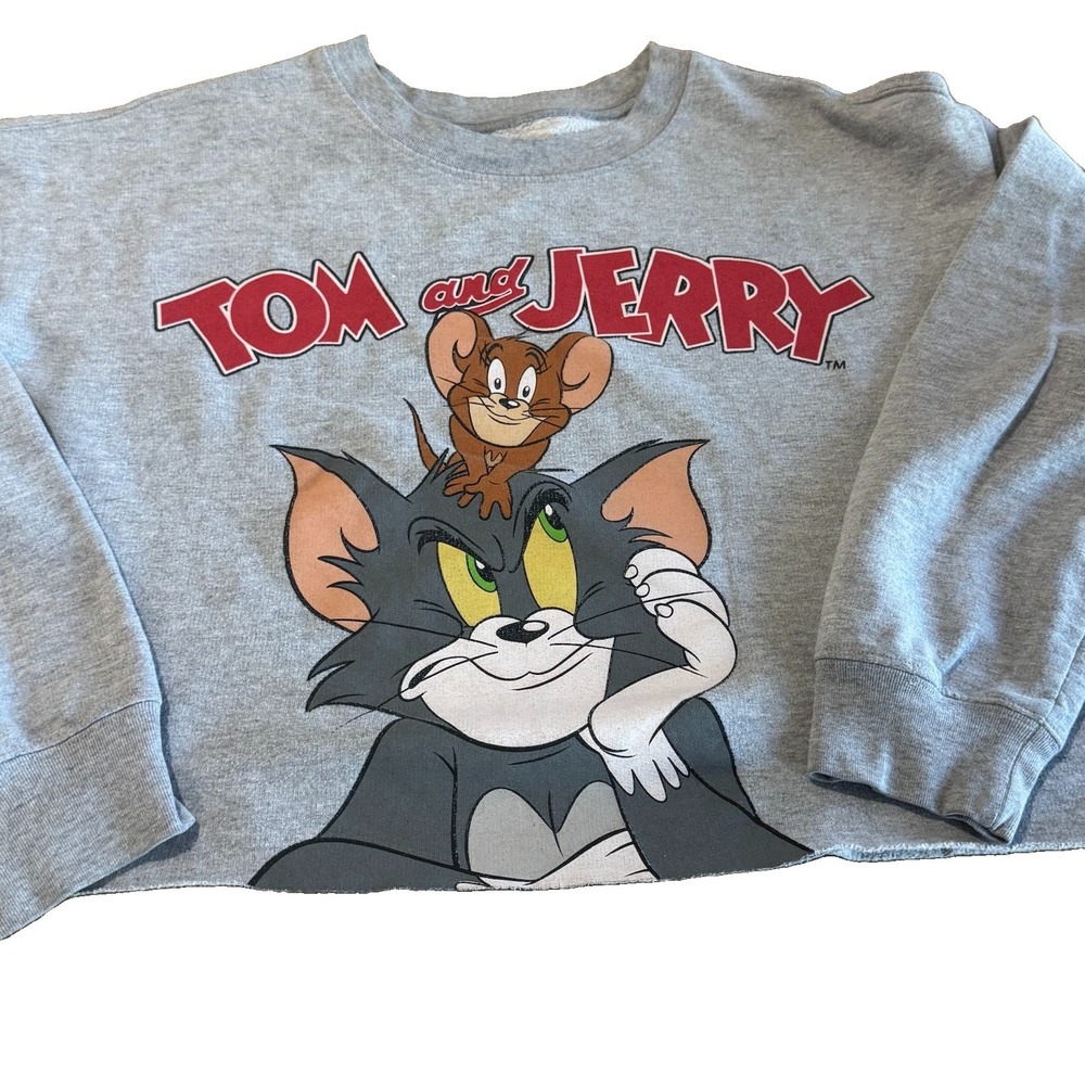 Tom and Jerry Cropped Sweatshirt Women's M Gray Graphic Cartoon Crewneck 2021
